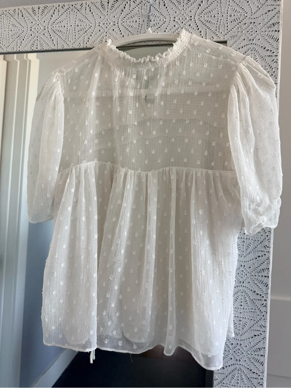 Zara Cream Swiss Dot Lace Yoke Peasant Blouse